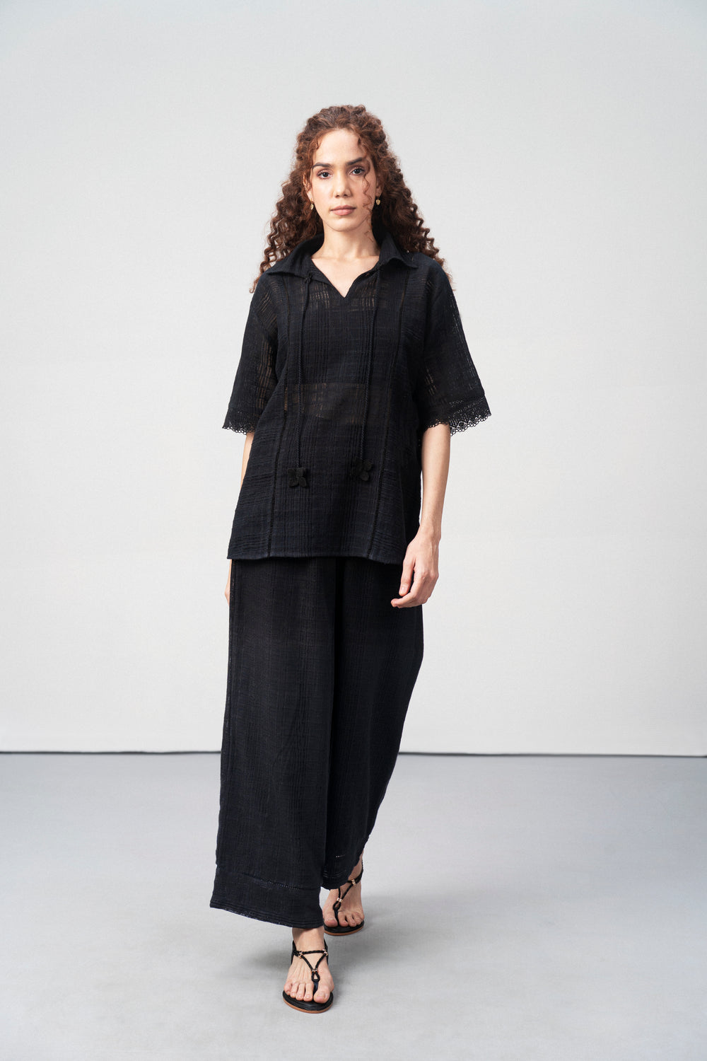 Cotton Black Embroidered Split Neckline Tie Up String Half Sleeve Shirt For Women Ladies for Full Model View | Black Cotton Guipure V-neck Top For Women