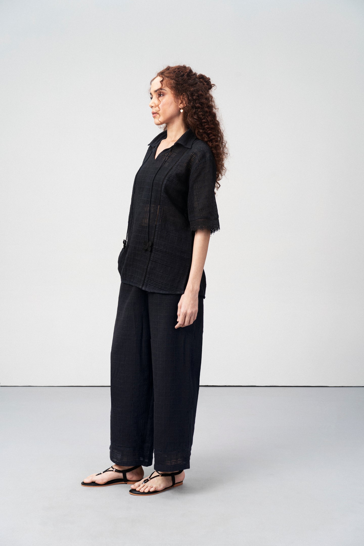 Cotton Black Embroidered Split Neckline Tie Up String Half Sleeve Shirt For Women Ladies for Left Side Mode View | Black Cotton Guipure V-neck Top For Women