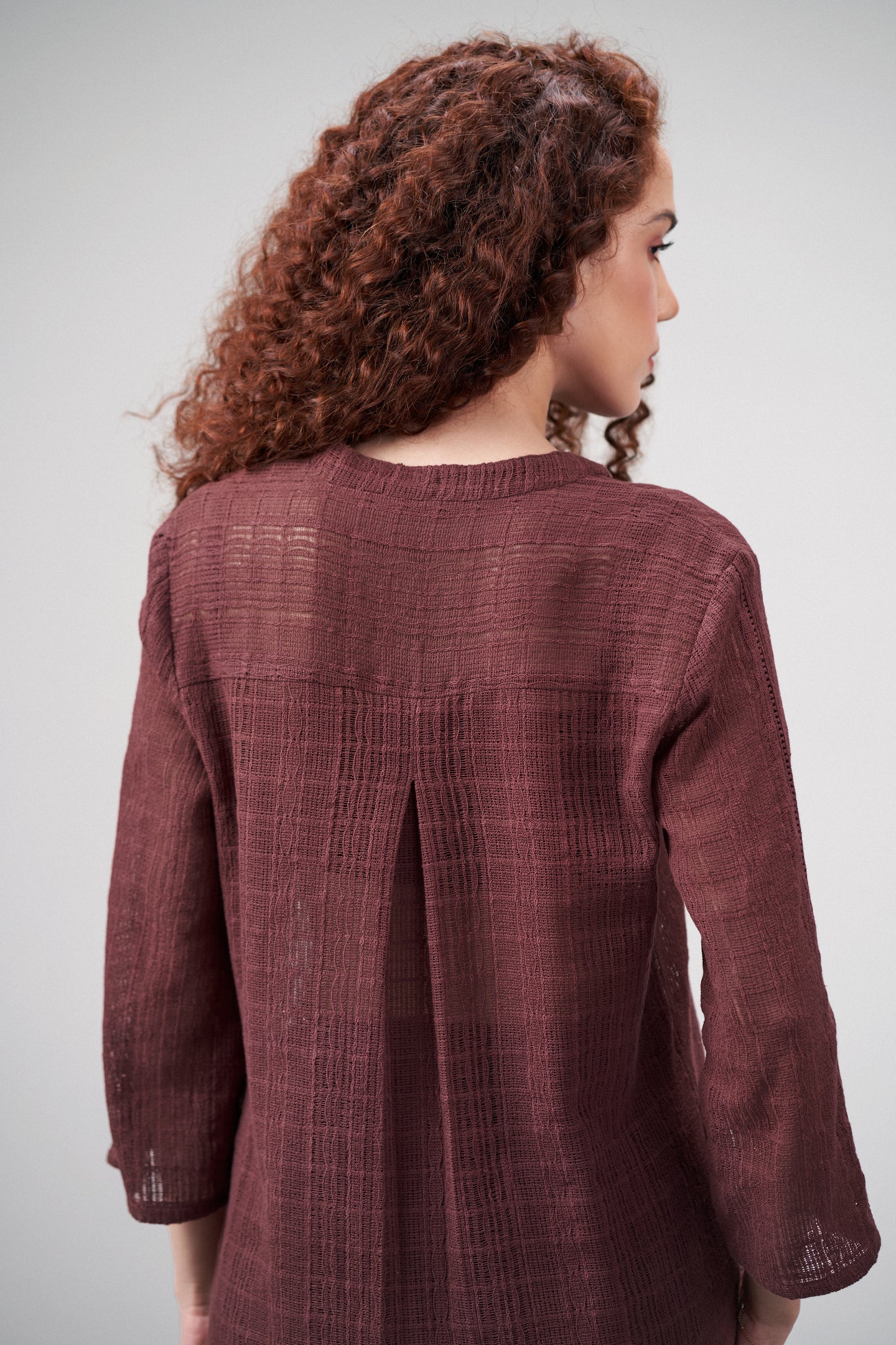 Cotton Maroon Embroidered Split Front Button-up 3/4 Sleeve Shirt Top Dress For Women Ladies for Back Model View | Embroidered Sleeveless Cotton Top For Women - Deep Rosewood