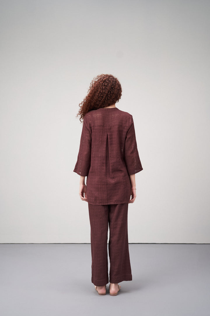 Cotton Maroon Embroidered Split Front Button-up 3/4 Sleeve Shirt Top Dress For Women Ladies for Back Model View | Embroidered Sleeveless Cotton Top For Women - Deep Rosewood