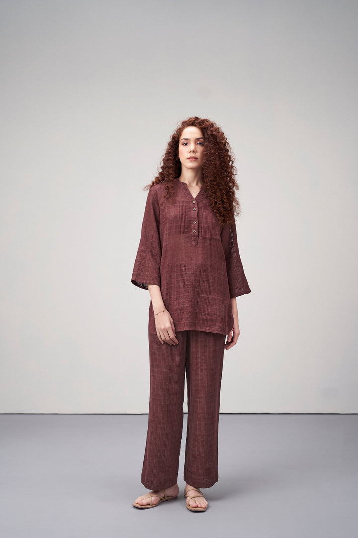 Women Pants Cotton Guipure Textured Straight Fit Elastic Waistband Maroon Trousers Model View | Deep Rosewood Cotton Straight-fit Trousers For Women | Cotton Guipure Elasticated Waist Trousers