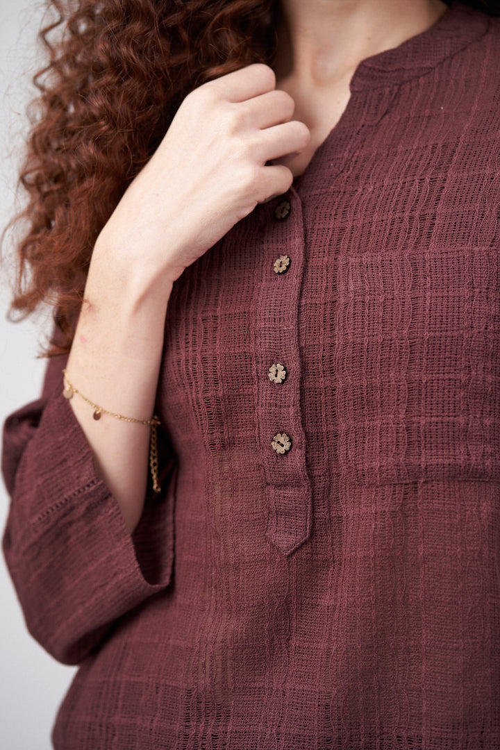 Cotton Maroon Embroidered Split Front Button-up 3/4 Sleeve Shirt Top Dress For Women Ladies | Embroidered Sleeveless Cotton Top For Women - Deep Rosewood