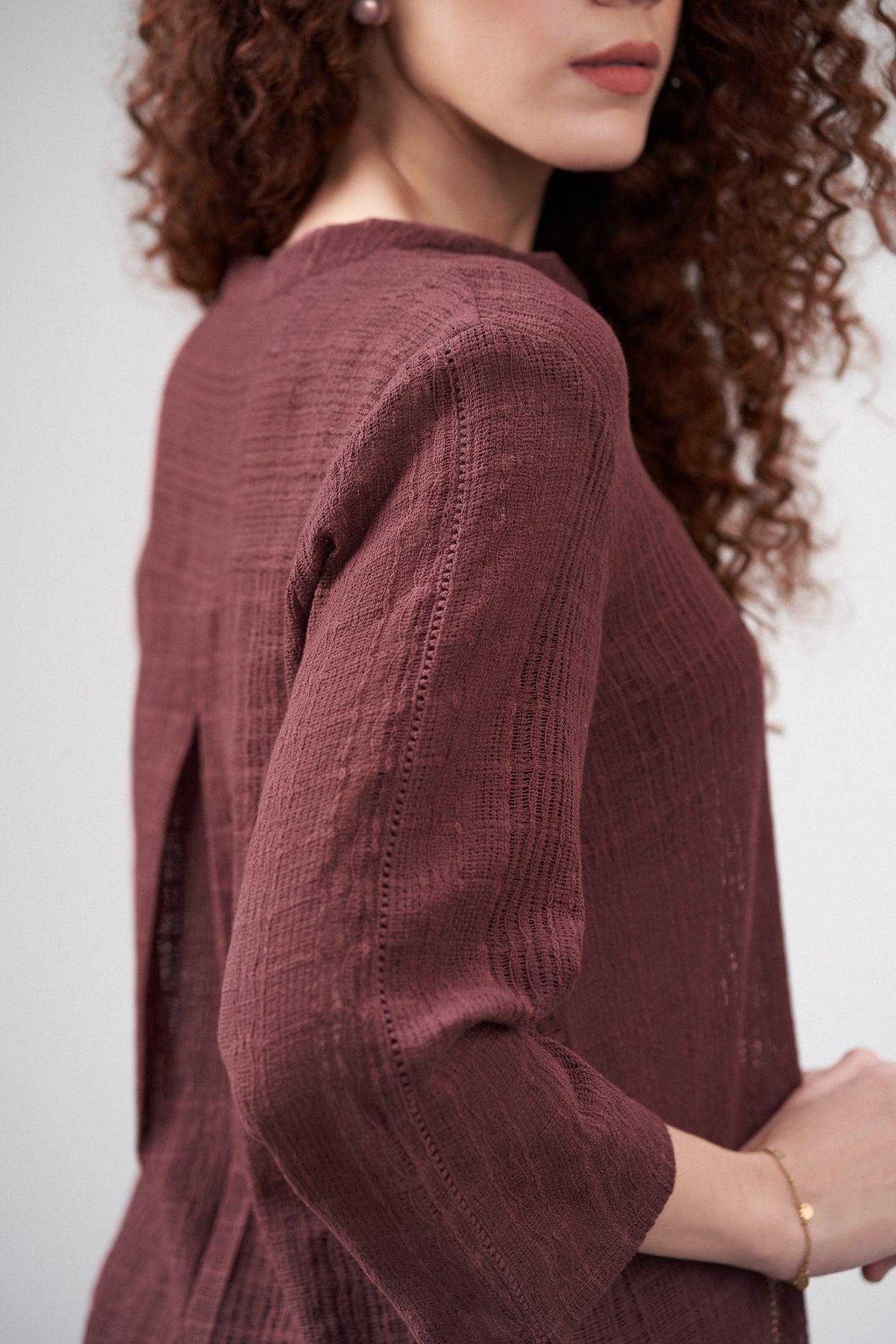 Cotton Maroon Embroidered Split Front Button-up 3/4 Sleeve Shirt Top Dress For Women Ladies for Right Side Model View | Embroidered Sleeveless Cotton Top For Women - Deep Rosewood