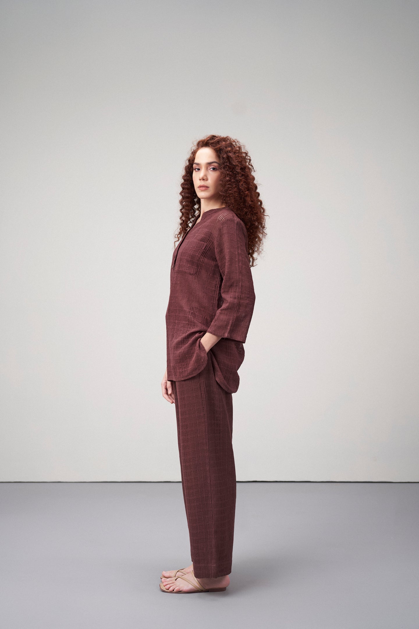 Cotton Maroon Embroidered Split Front Button-up 3/4 Sleeve Shirt Top Dress For Women Ladies for Left Side Model View | Embroidered Sleeveless Cotton Top For Women - Deep Rosewood