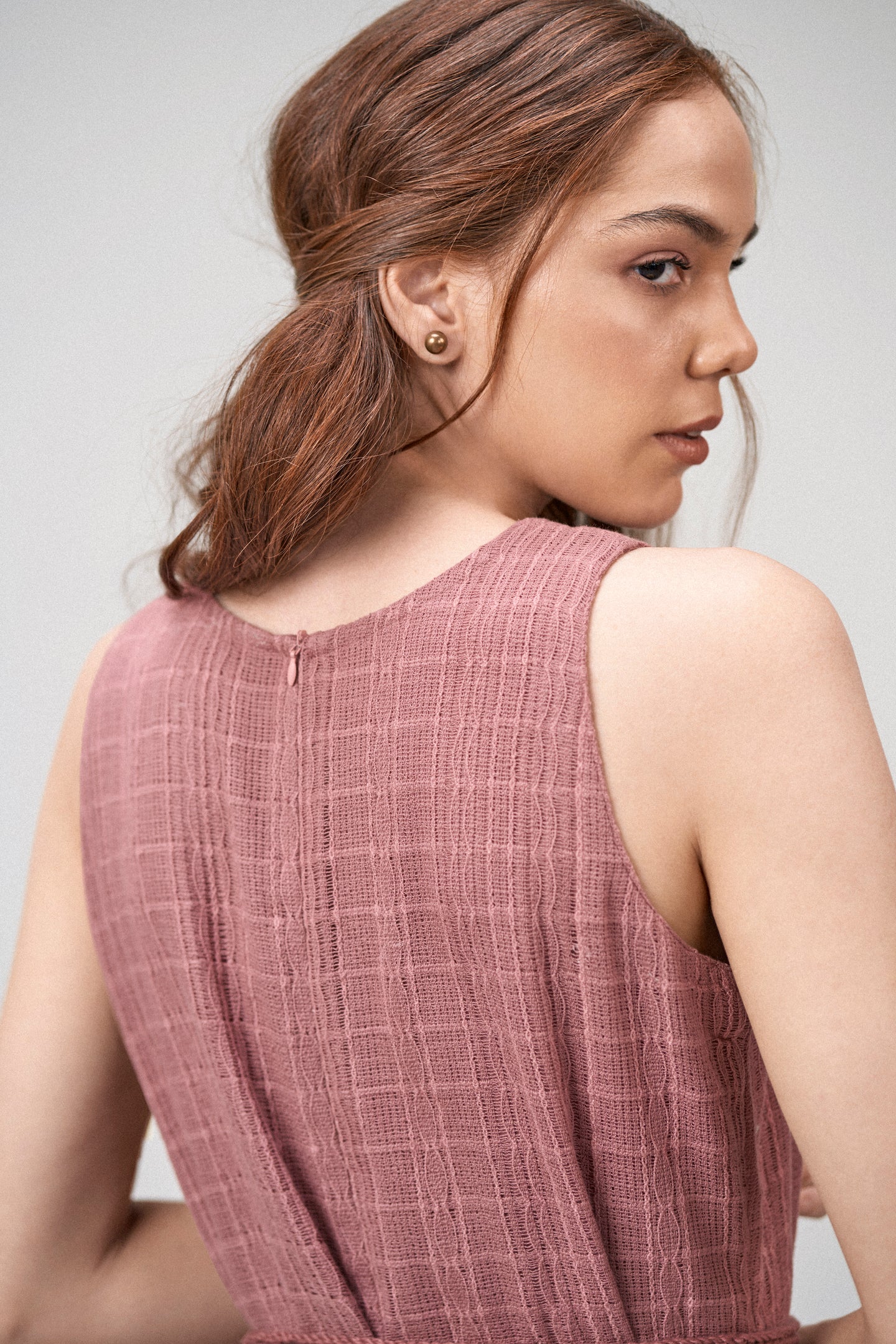 Cotton Guipure Sleeveless Round Neckline Floral Accents Bloom Midi Dress For Women Ladies Pink Color Side Model View | Buy Rosy Brown Guipure Bloom Midi Dress | Cotton Midi Dress For Women