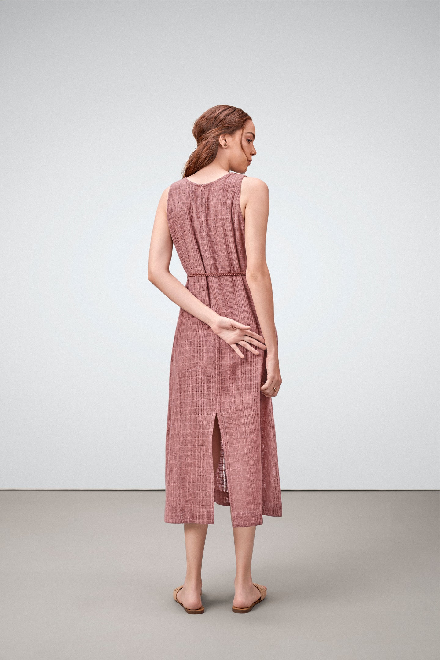 Cotton Guipure Sleeveless Round Neckline Floral Accents Bloom Midi Dress For Women Ladies Pink Color Back Model View | Buy Rosy Brown Guipure Bloom Midi Dress | Cotton Midi Dress For Women