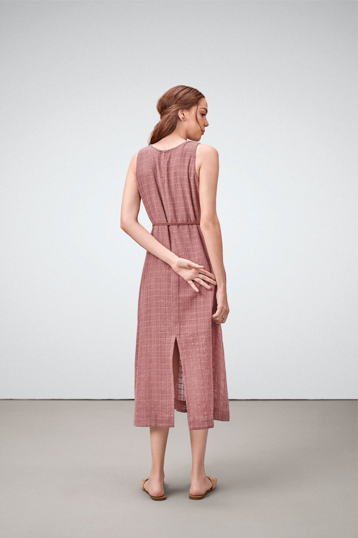 Cotton Guipure Sleeveless Round Neckline Floral Accents Bloom Midi Dress For Women Ladies Pink Color Back Model View | Buy Rosy Brown Guipure Bloom Midi Dress | Cotton Midi Dress For Women