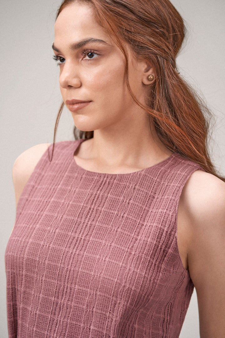 Cotton Guipure Sleeveless Round Neckline Floral Accents Bloom Midi Dress For Women Ladies Pink Color Front Close-up Model View | Buy Rosy Brown Guipure Bloom Midi Dress | Cotton Midi Dress For Women