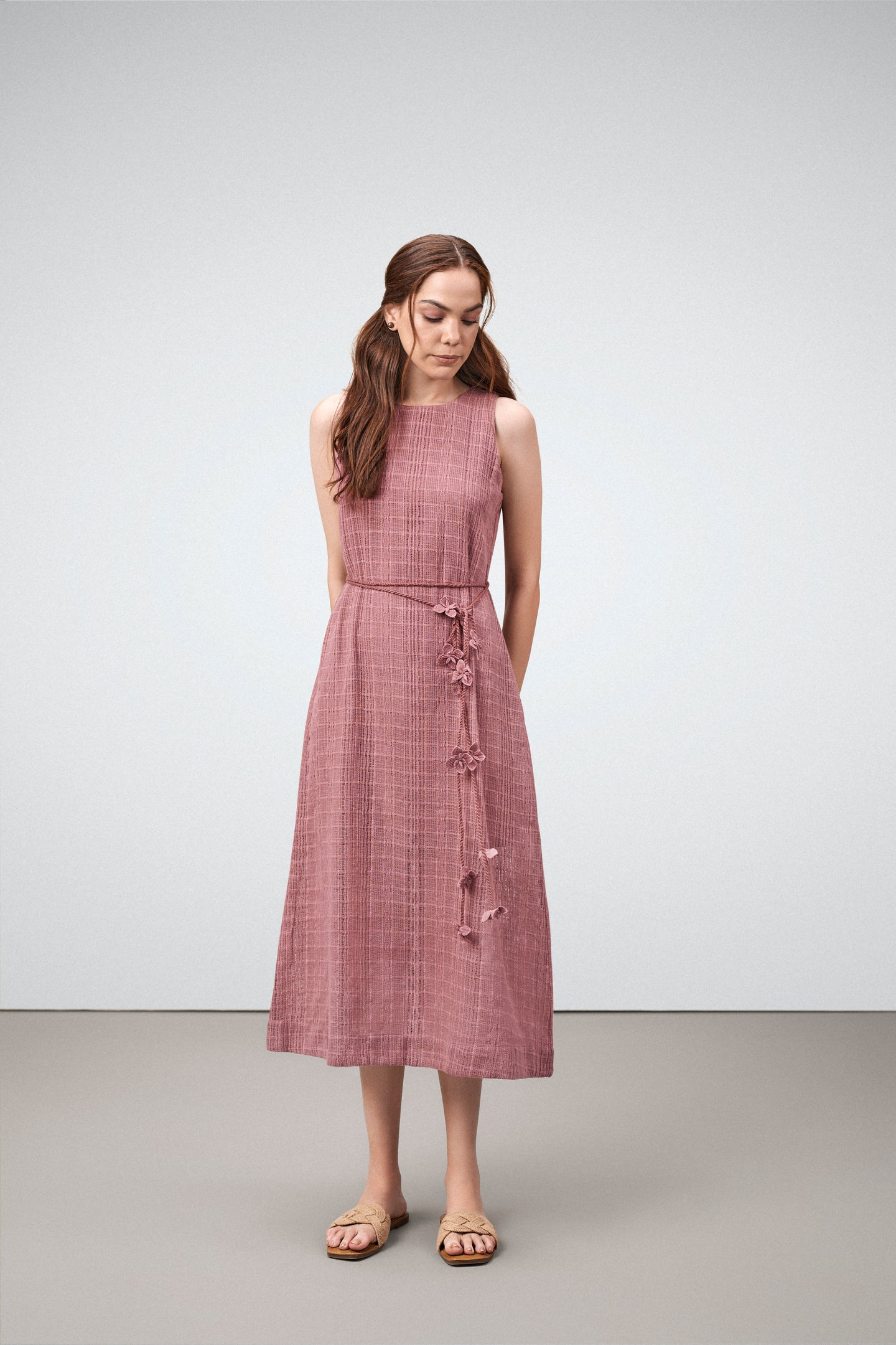 Cotton Guipure Sleeveless Round Neckline Floral Accents Bloom Midi Dress For Women Ladies Pink Color Front Model View| Buy Rosy Brown Guipure Bloom Midi Dress | Cotton Midi Dress For Women