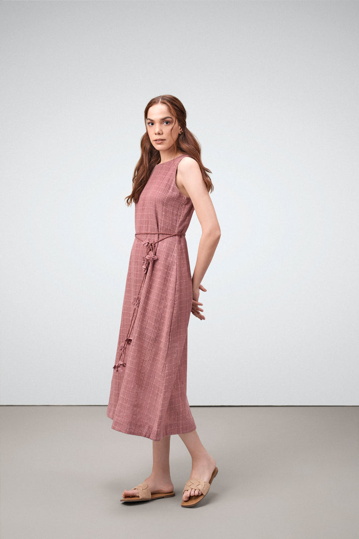 Cotton Guipure Sleeveless Round Neckline Floral Accents Bloom Midi Dress For Women Ladies Pink Color Side Model View | Buy Rosy Brown Guipure Bloom Midi Dress | Cotton Midi Dress For Women