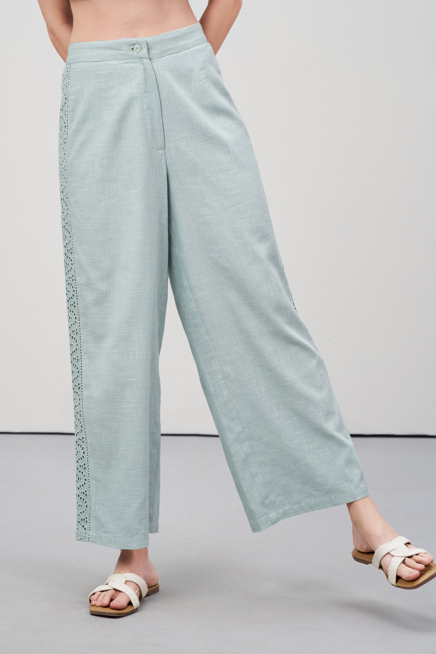 Women Pants 100% Cotton High Waist Straight Fit Cutwork Embroidery Anglaise Green Trousers | Light Green Lace Trim Trousers For Women's | Front Side Pant View Lace Trim Trousers