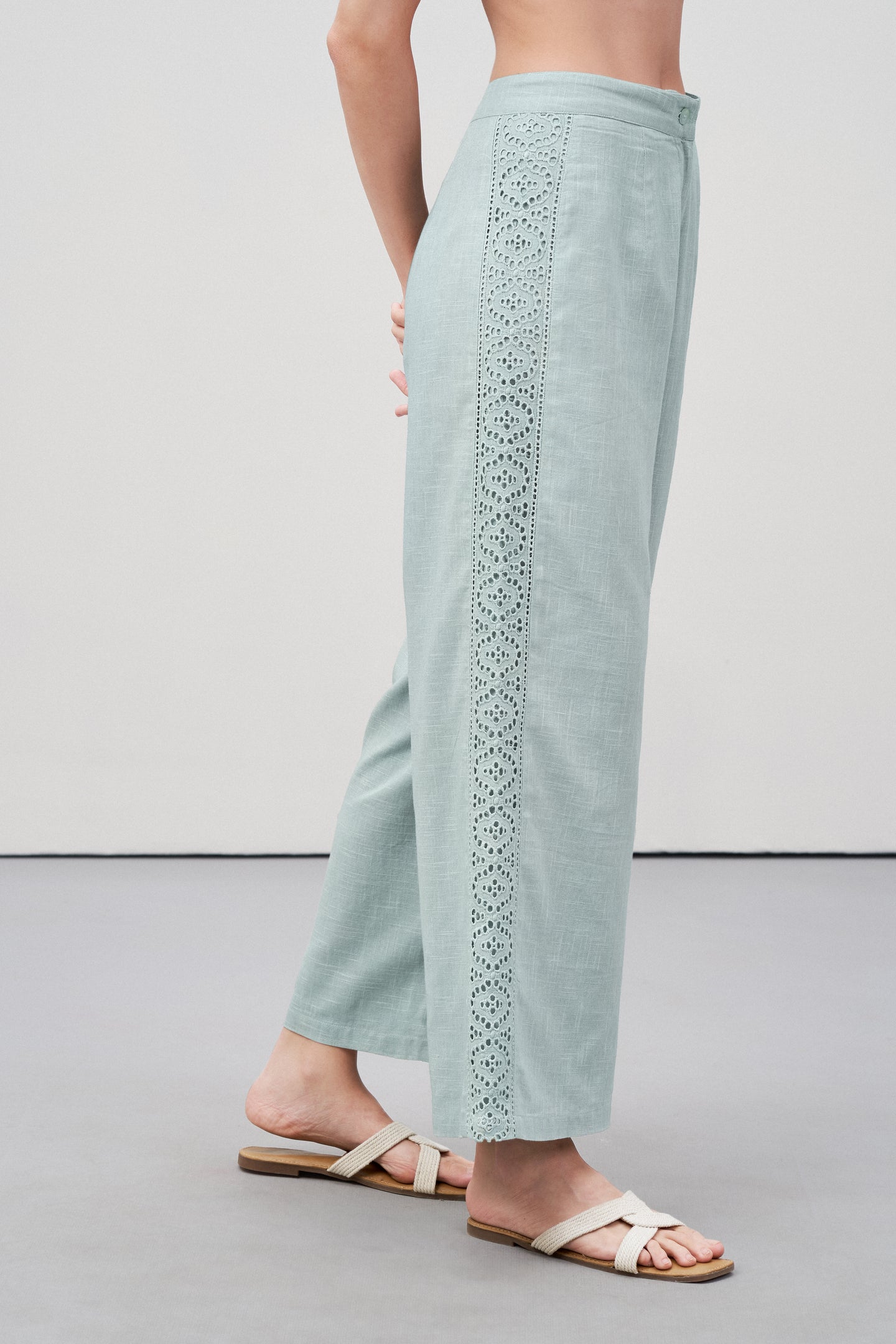 Women Pants 100% Cotton High Waist Straight Fit Cutwork Embroidery Anglaise Green Trousers | Light Green Lace Trim Trousers For Women's | Right Side View Lace Trim Trousers