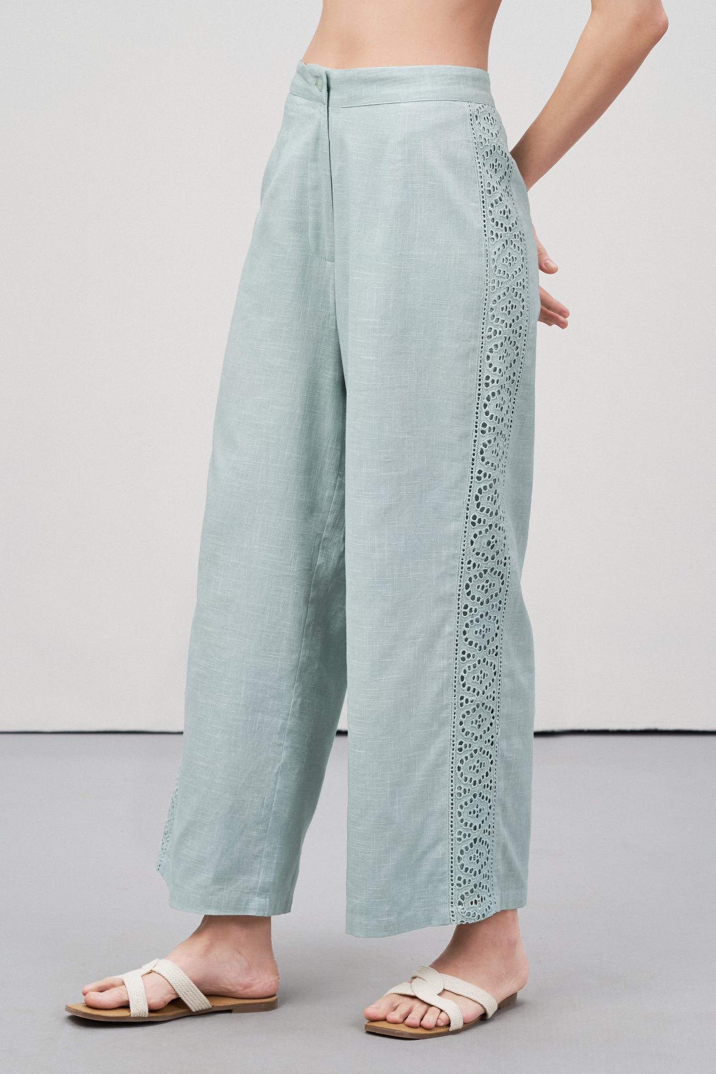 Women Pants 100% Cotton High Waist Straight Fit Cutwork Embroidery Anglaise Green Trousers | Light Green Lace Trim Trousers For Women's | Fornt View Left Site Lace Trim Trousers