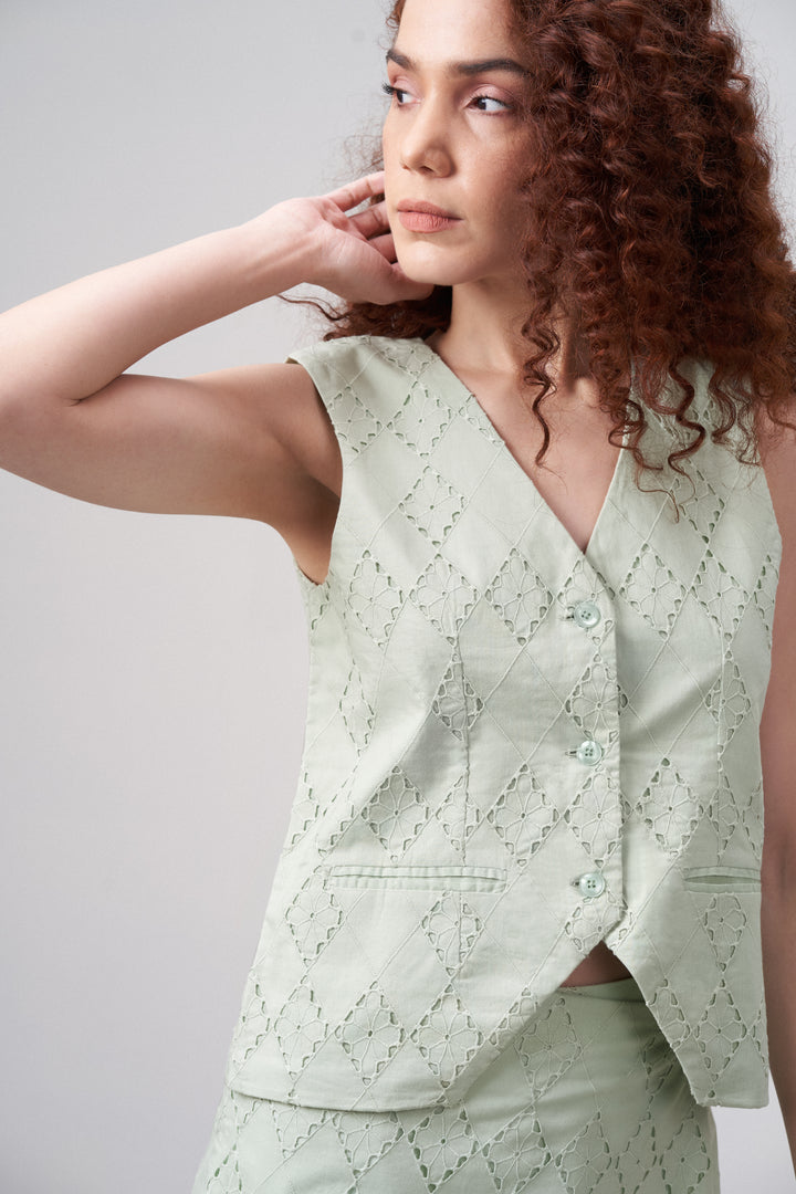Light Green Cotton Eyelet Embroidered Waistcoat For Women | Eyelet Embroidery Waistcoat
