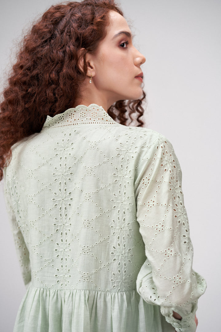 Linen Cutwork Embroidery Long Sleeves V Neckline Scalloped Edge Lightweight Mini Short Dress For Women Ladies Light Green Color Back Embroidery Work Close-up View | Women's Premium Linen Cotton Green Embroidered Cutwork V-neck Mini Dress | Broidery Anglaise Short Dress