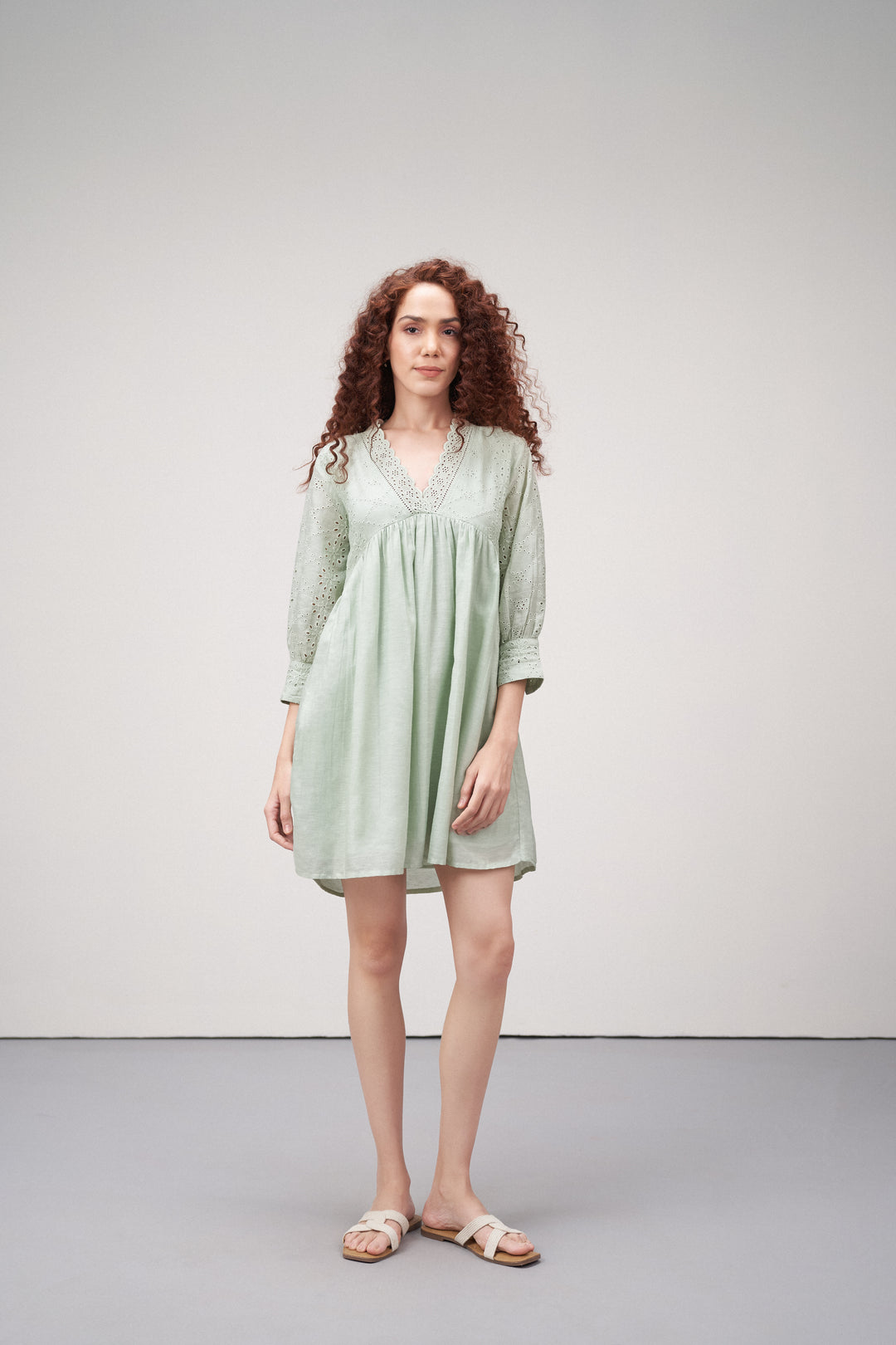 Linen Cutwork Embroidery Long Sleeves V Neckline Scalloped Edge Lightweight Mini Short Dress For Women Ladies Light Green Color | Women's Premium Linen Cotton Green Embroidered Cutwork V-neck Mini Dress | Broidery Anglaise Short Dress