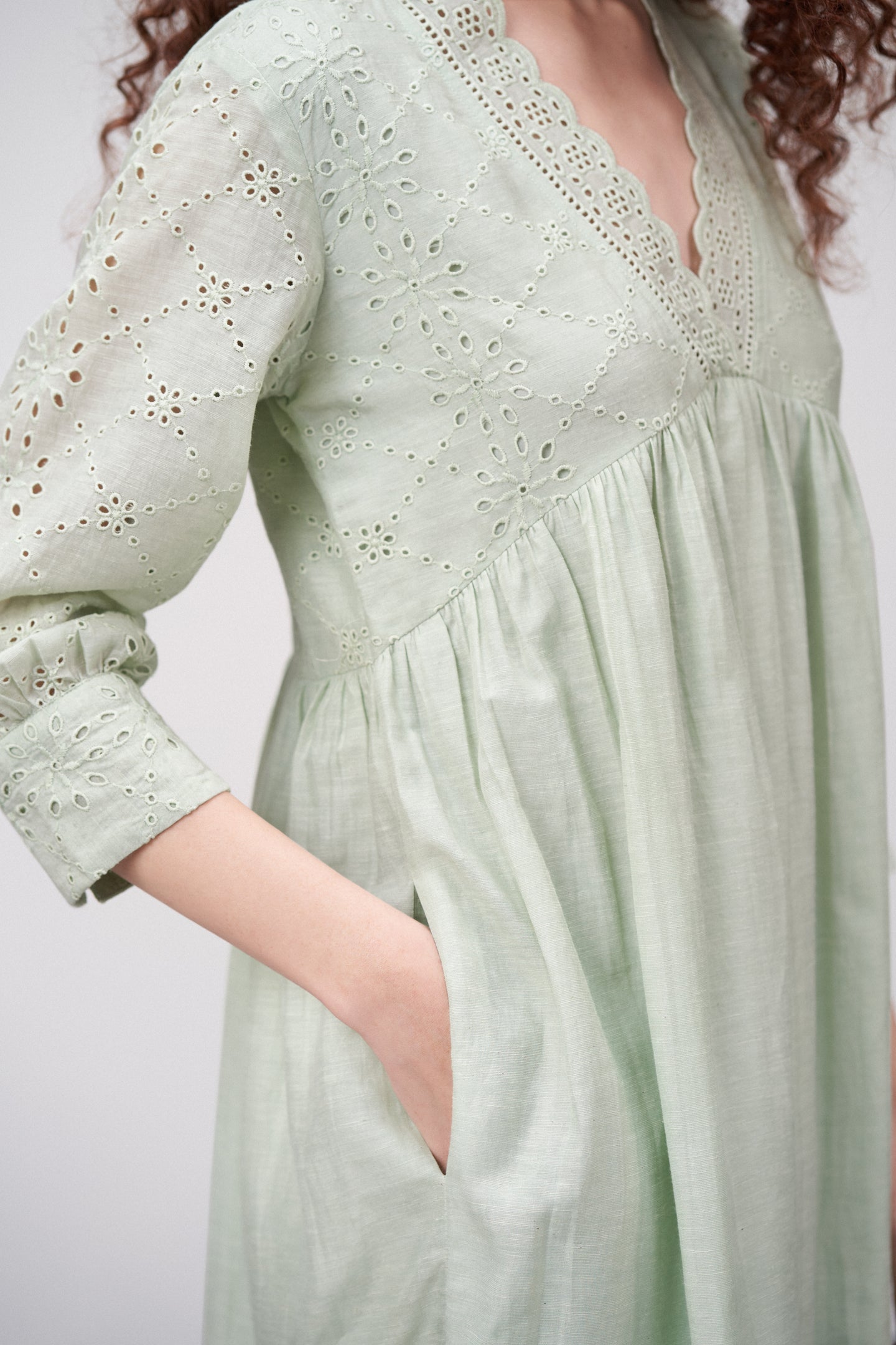 Linen Cutwork Embroidery Long Sleeves V Neckline Scalloped Edge Lightweight Mini Short Dress For Women Ladies Light Green Color Neck View | Women's Premium Linen Cotton Green Embroidered Cutwork V-neck Mini Dress | Broidery Anglaise Short Dress