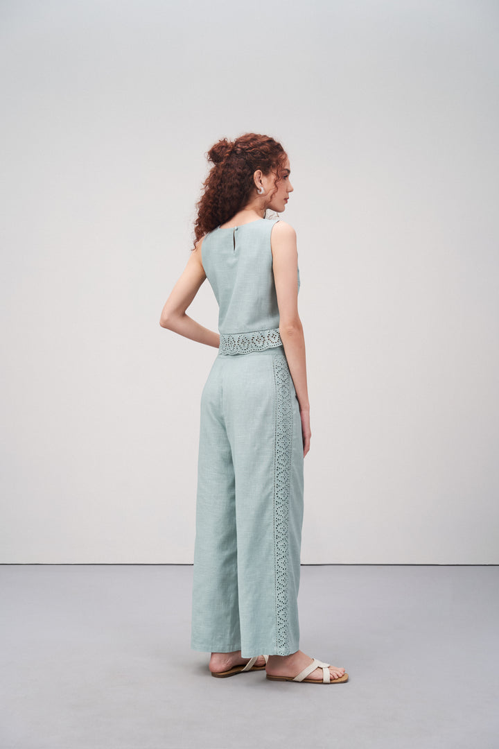 Women Pants 100% Cotton High Waist Straight Fit Cutwork Embroidery Anglaise Green Trousers | Light Green Lace Trim Trousers For Women's | Back Side Right View Lace Trim Trousers