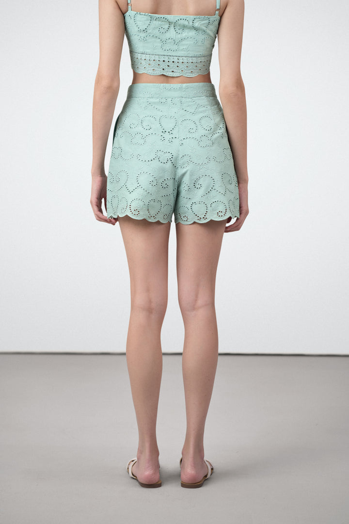 Cotton Eyelet Embroidery Embroidered Cutwork Zip Button Shorts For Women Ladies Green Color Back View | Women's High-waist Light Green Eyelet Cutwork Embroidery Shorts