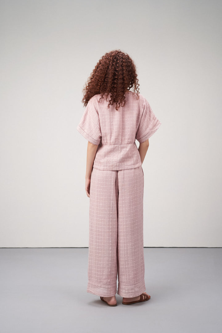 Women Dress Embroidered Half Sleeve V Neck Line Pink Top For Back Vew Model | Pink Cotton Guipure Peplum Top For Women – Lace Trim V-neckline