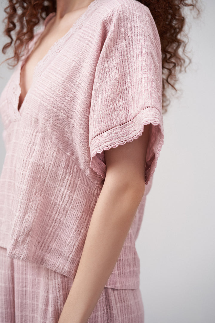 Embroidered Lace Work Light Pink Half Sleeve V Neck Top Dress for Women Ladies | Pink Cotton Guipure Peplum Top For Women – Lace Trim V-neckline