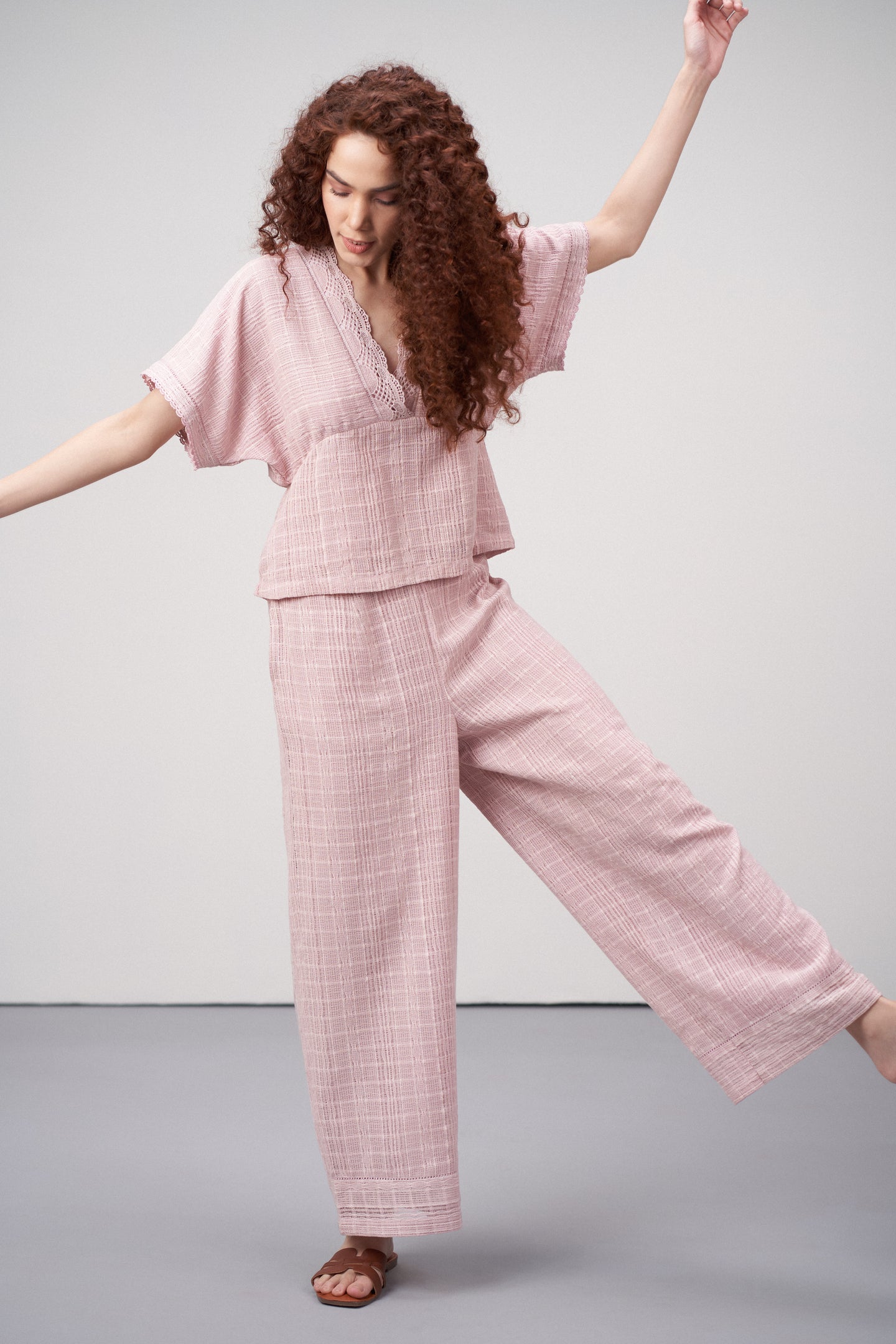 Embroidered Lace Work Light Pink Half Sleeve V Neck Top Dress for Women Ladies | Pink Cotton Guipure Peplum Top For Women – Lace Trim V-neckline