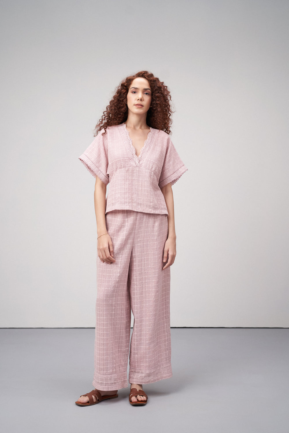 Light Pink Half Sleeve V Neck Top Dress For Women Ladies | Pink Cotton Guipure Peplum Top For Women – Lace Trim V-neckline