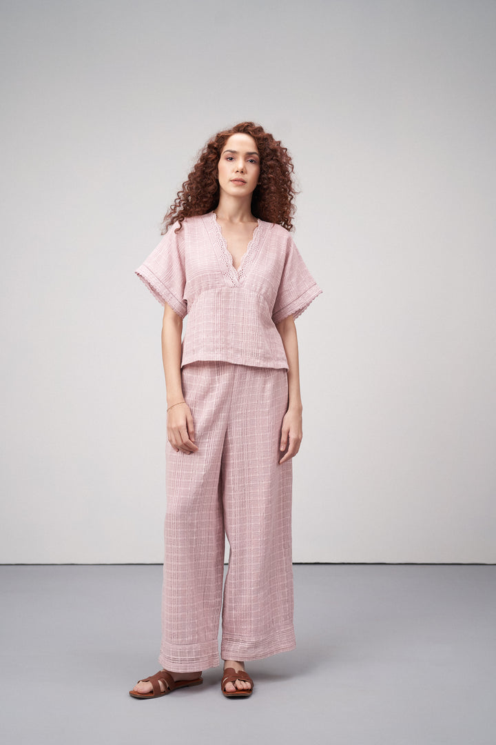 Light Pink Half Sleeve V Neck Top Dress For Women Ladies | Pink Cotton Guipure Peplum Top For Women – Lace Trim V-neckline