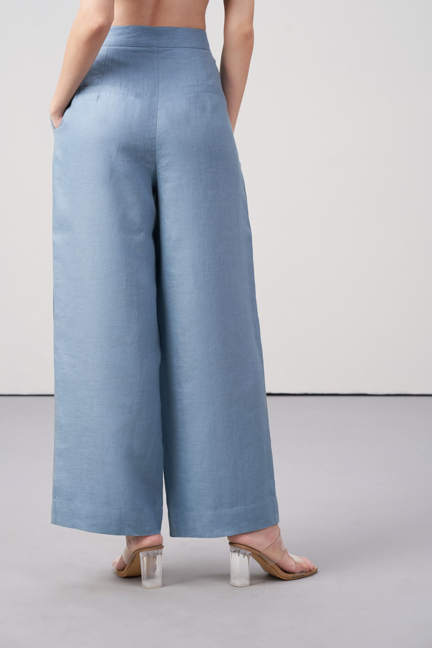 Women Pants Misty Blue Suit Trousers For Ladies | Women's 100% Linen Suit Trousers In Misty Blue | Women Pants |  Back View Linen Trousers