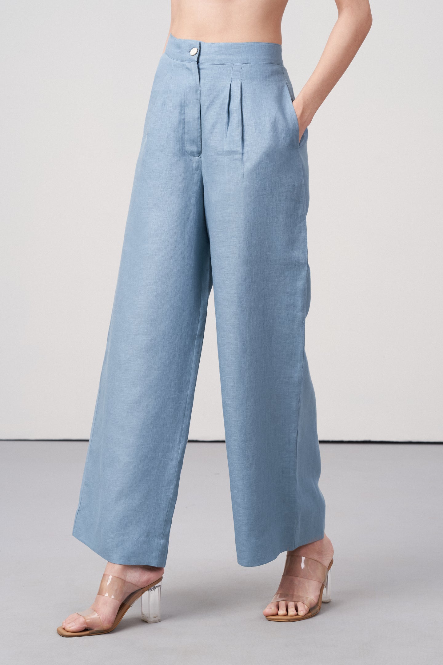 Women Pants Misty Blue Suit Trousers For Ladies | Women's 100% Linen Suit Trousers In Misty Blue | Women Pants |  Front View Linen Trousers