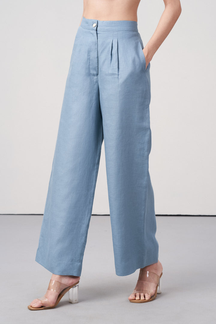 Women Pants Misty Blue Suit Trousers For Ladies | Women's 100% Linen Suit Trousers In Misty Blue | Women Pants |  Front View Linen Trousers
