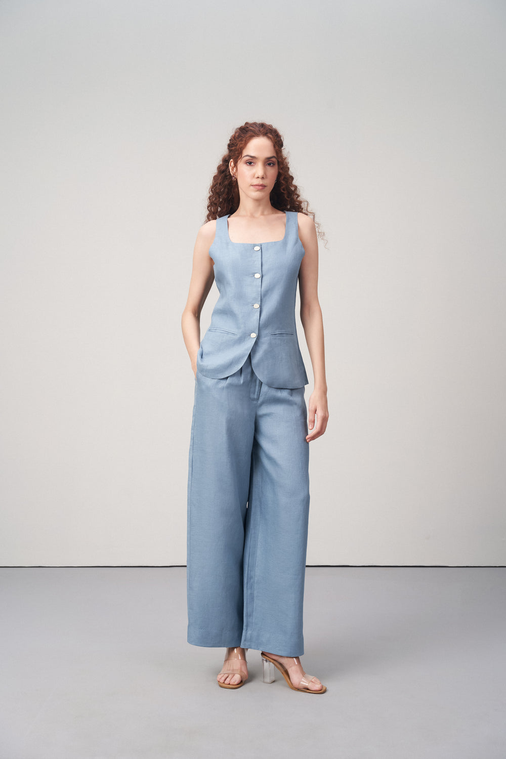 Women Pants Misty Blue Suit Trousers For Ladies | Women's 100% Linen Suit Trousers In Misty Blue | Women Pants |  Full Body Front View Linen Trousers