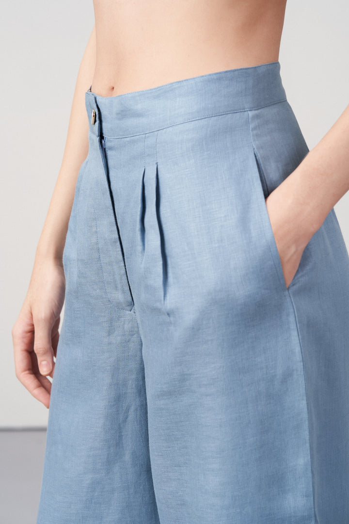 Women Pants Misty Blue Suit Trousers For Ladies | Women's 100% Linen Suit Trousers In Misty Blue | Women Pants |  Back Left View Linen Trousers