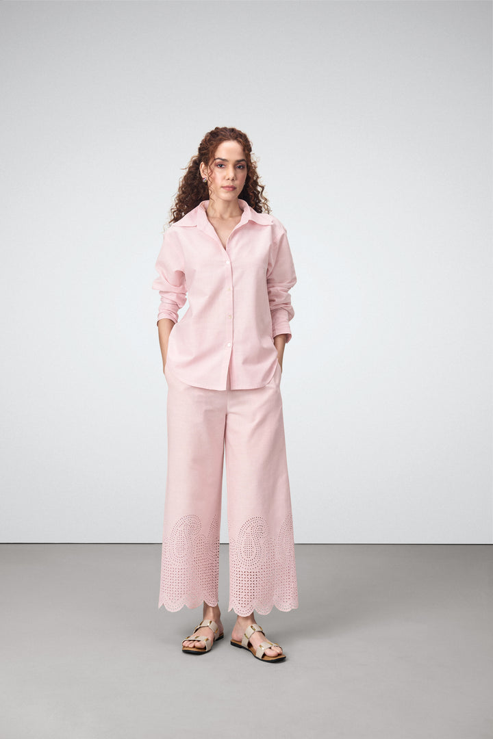 women pants schiffli detailed embroidery eyelet lace detailing scallop high rise pink Cotton Trousers model view