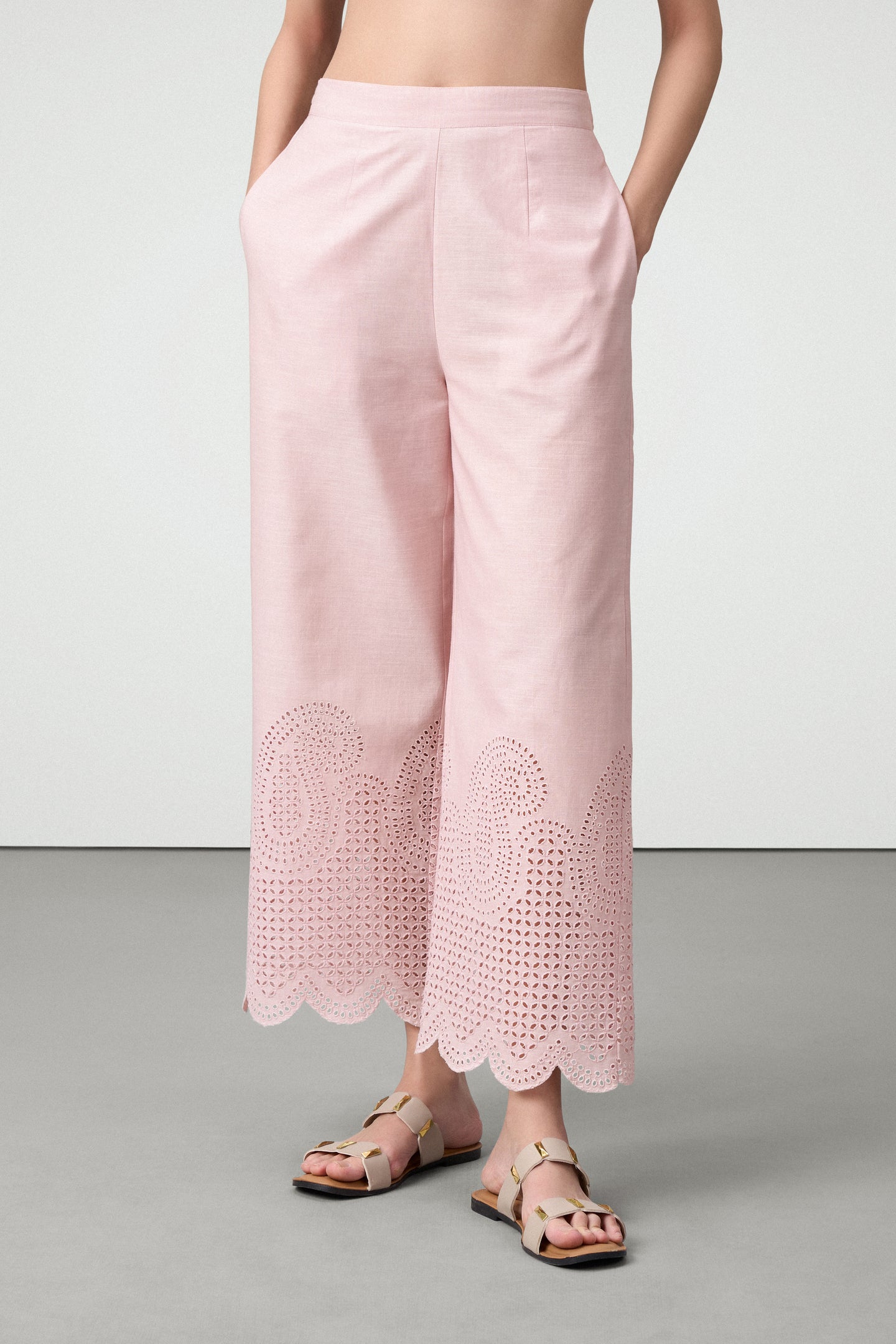women pants schiffli detailed embroidery eyelet lace detailing scallop high rise pink Cotton Trousers