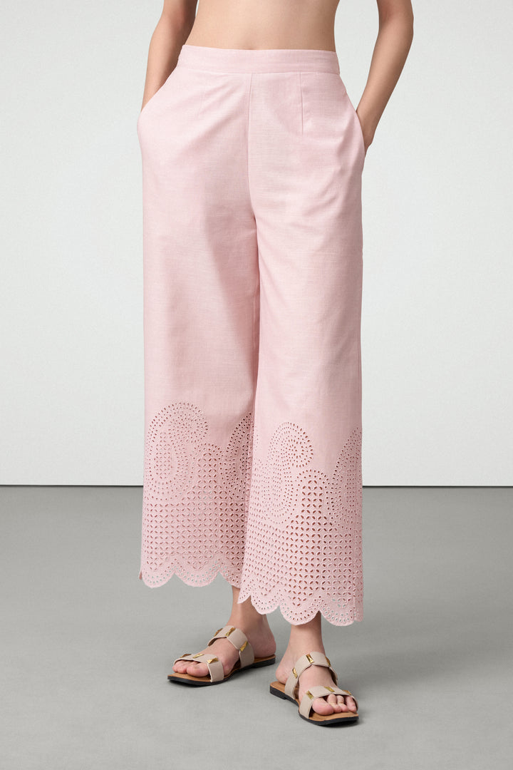 women pants schiffli detailed embroidery eyelet lace detailing scallop high rise pink Cotton Trousers