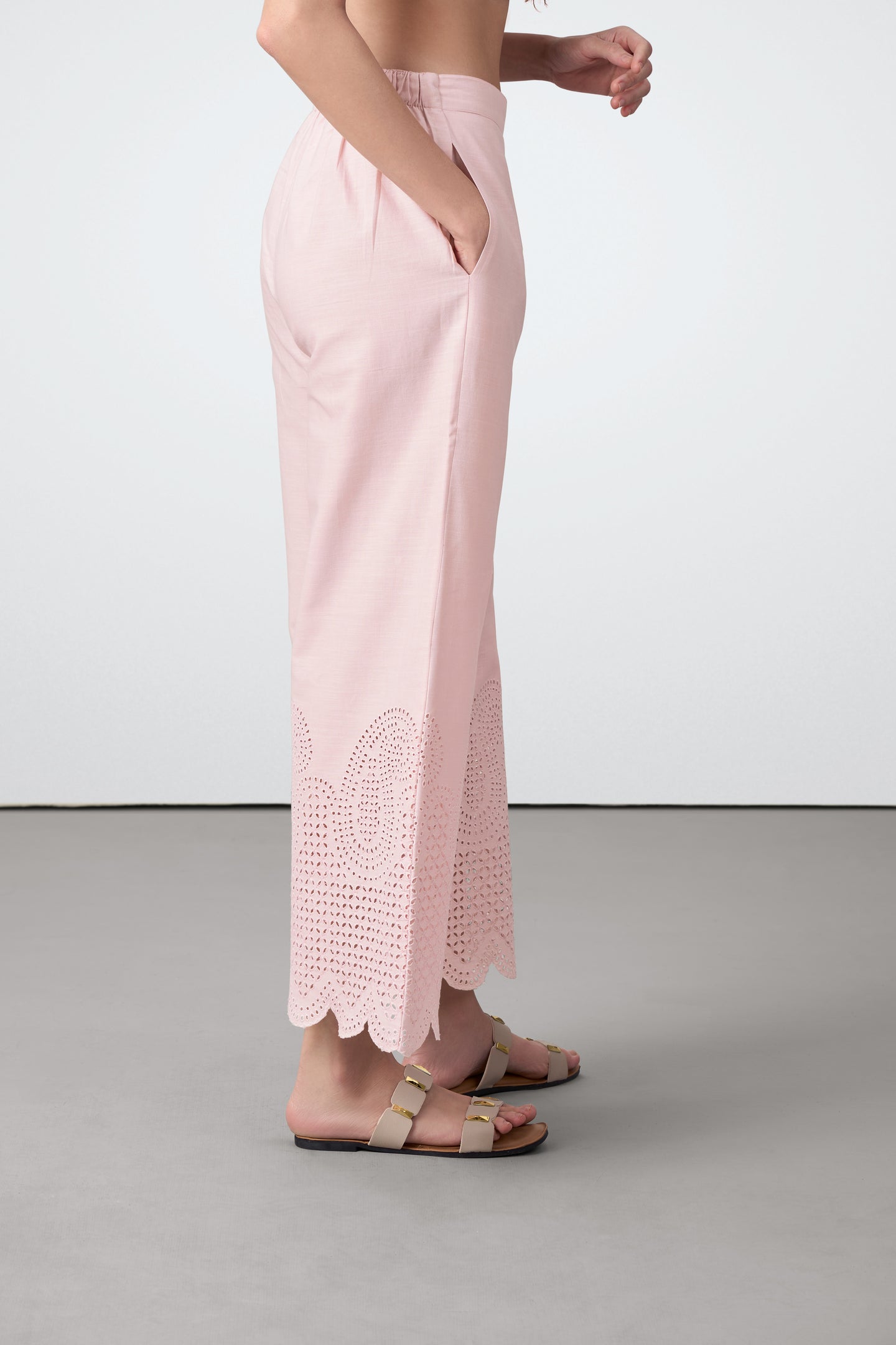 women pants schiffli detailed embroidery eyelet lace detailing scallop high rise pink Cotton Trousers side view  with pocket