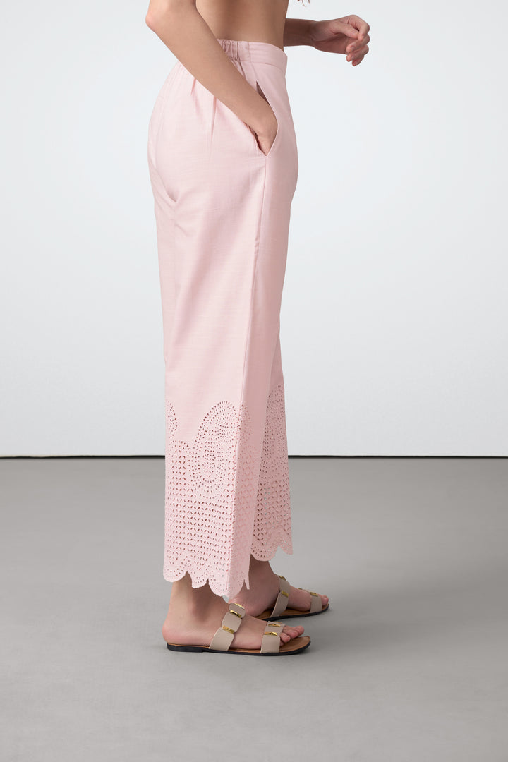 women pants schiffli detailed embroidery eyelet lace detailing scallop high rise pink Cotton Trousers side view  with pocket