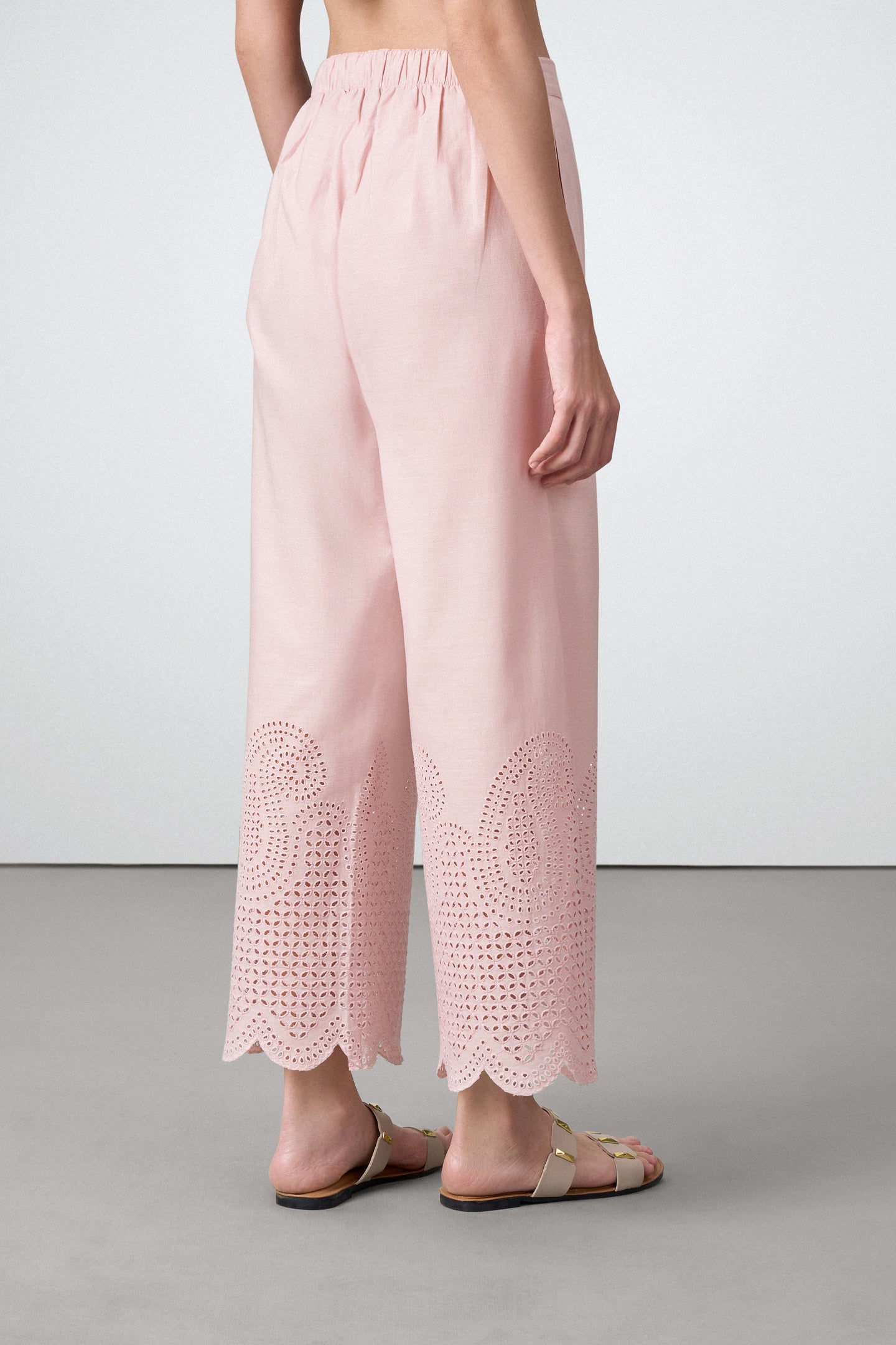 women pants schiffli detailed embroidery eyelet lace detailing scallop high rise pink Cotton Trousers back view