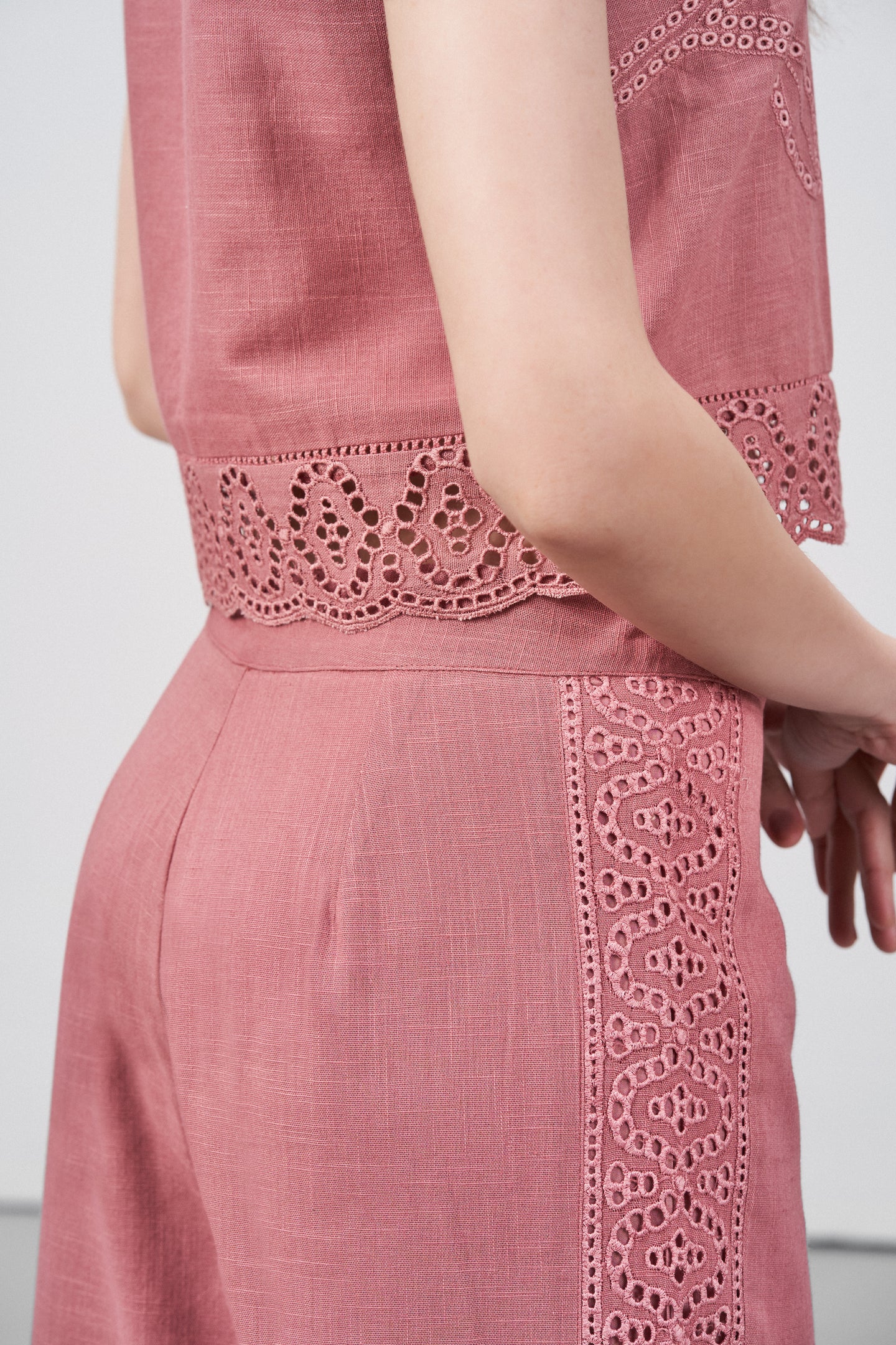 Women Pants 100% Cotton Embroidery Anglaise Cutwork Straight Fit Pink Color Trousers | Cavern Pink Lace Trim Trousers For Women | Women's Pants | Back Side Right View Lace Trim Trousers