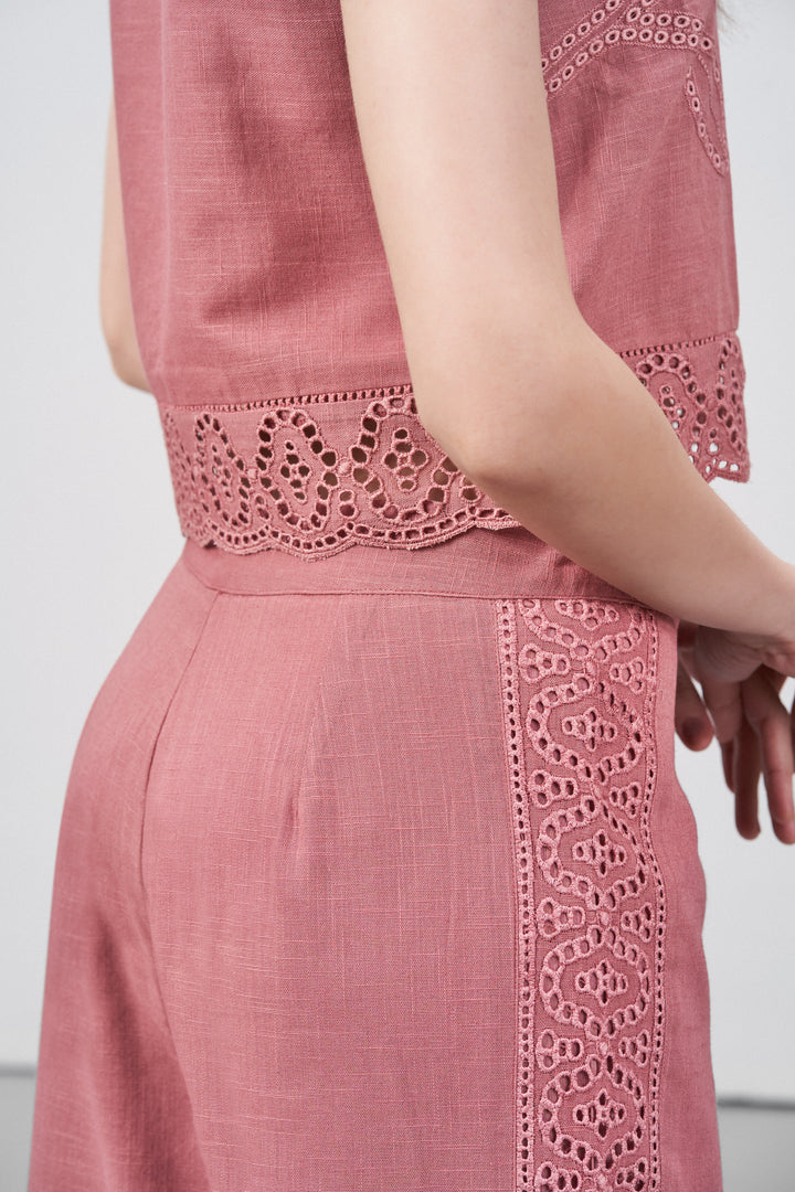 Women Pants 100% Cotton Embroidery Anglaise Cutwork Straight Fit Pink Color Trousers | Cavern Pink Lace Trim Trousers For Women | Women's Pants | Back Side Right View Lace Trim Trousers