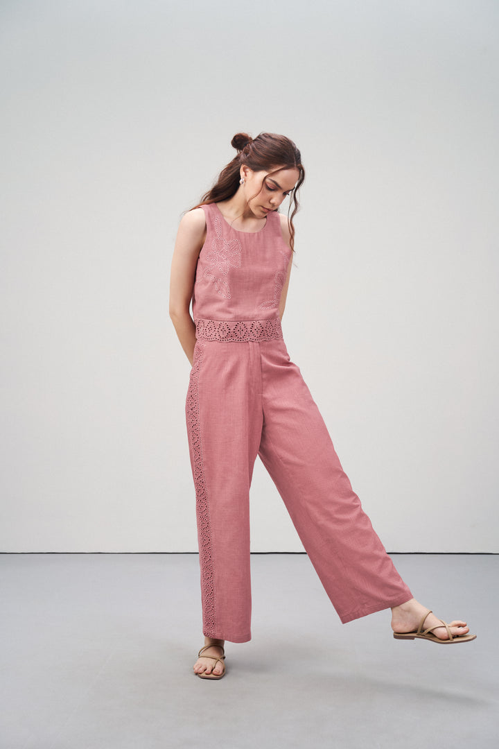 Women Pants 100% Cotton Embroidery Anglaise Cutwork Straight Fit Pink Color Trousers | Cavern Pink Lace Trim Trousers For Women | Women's Pants | Full Body Fornt View Lace Trim Trousers