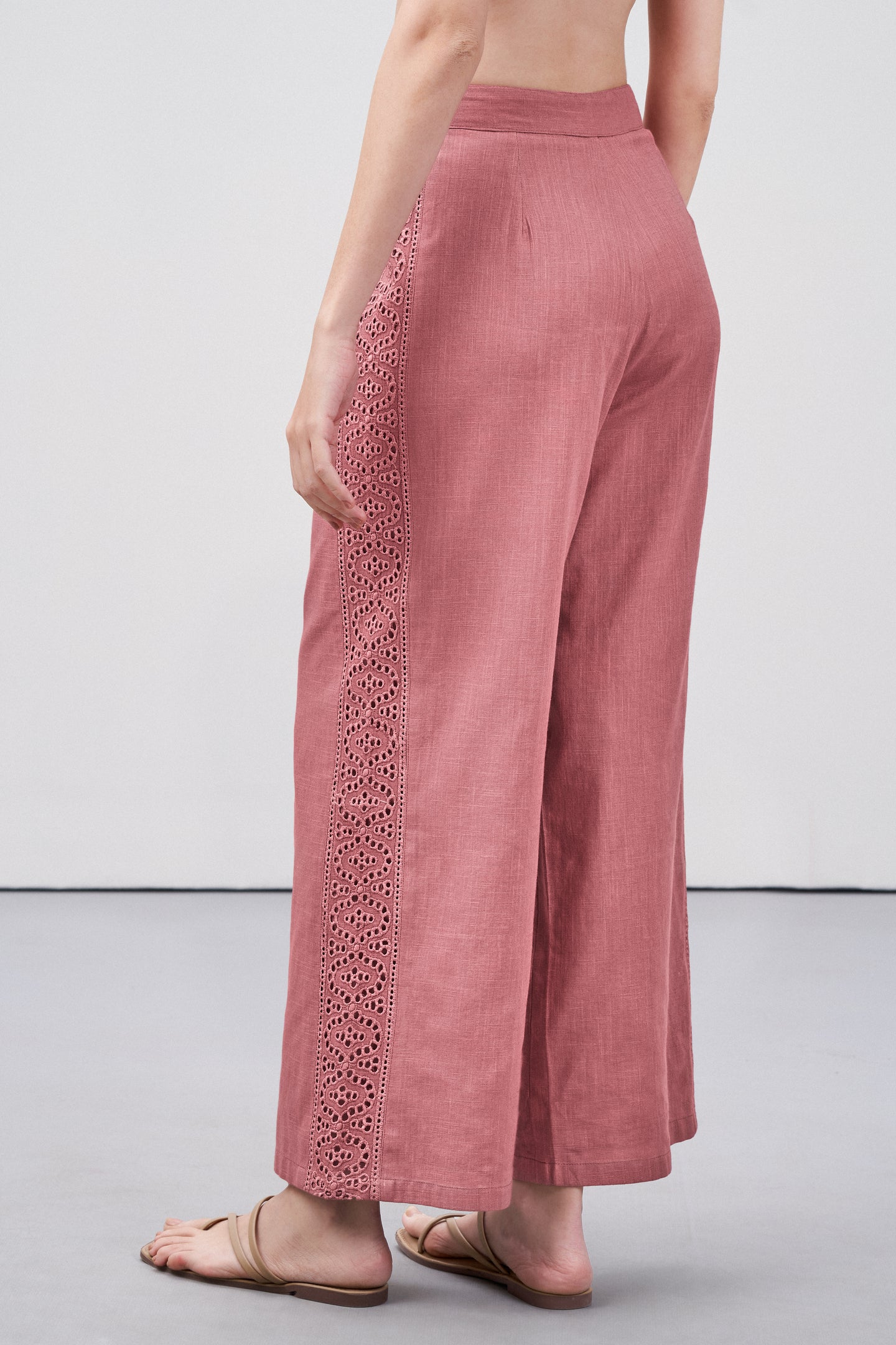 Women Pants 100% Cotton Embroidery Anglaise Cutwork Straight Fit Pink Color Trousers | Cavern Pink Lace Trim Trousers For Women | Women's Pants | Back Side Left View Lace Trim Trousers