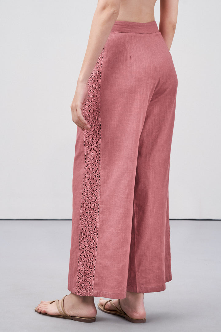 Women Pants 100% Cotton Embroidery Anglaise Cutwork Straight Fit Pink Color Trousers | Cavern Pink Lace Trim Trousers For Women | Women's Pants | Back Side Left View Lace Trim Trousers