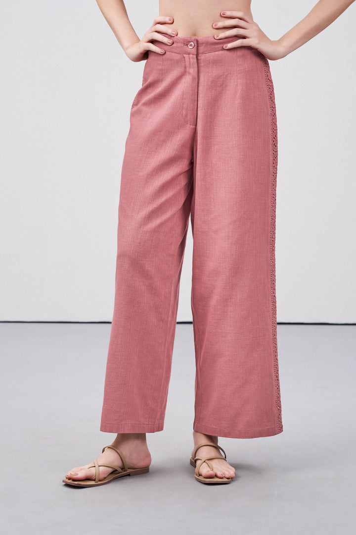Women Pants 100% Cotton Embroidery Anglaise Cutwork Straight Fit Pink Color Trousers | Cavern Pink Lace Trim Trousers For Women | Women's Pants | Front View Lace Trim Trousers