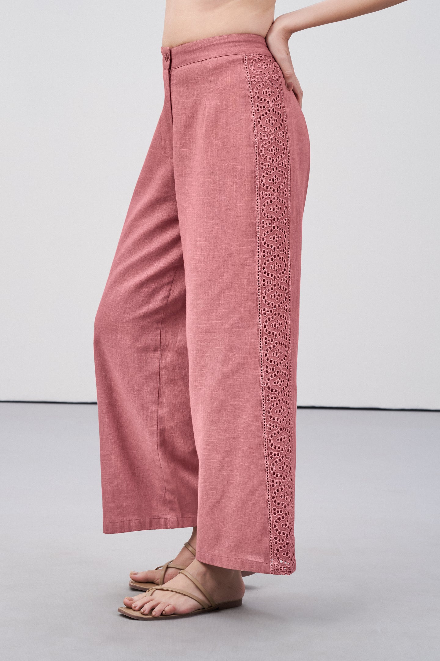 Women Pants 100% Cotton Embroidery Anglaise Cutwork Straight Fit Pink Color Trousers | Cavern Pink Lace Trim Trousers For Women | Women's Pants | Lef Side View Lace Trim Trousers