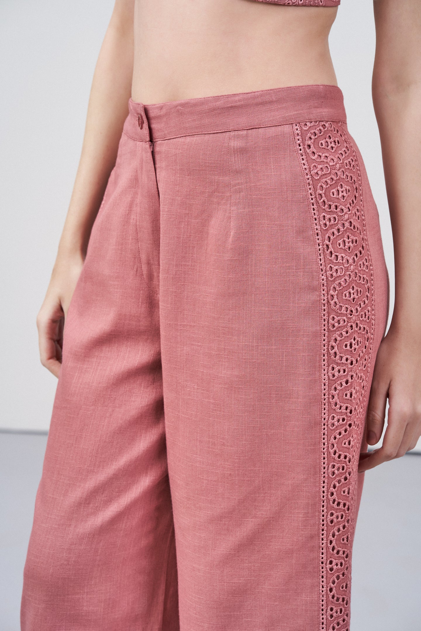 Women Pants 100% Cotton Embroidery Anglaise Cutwork Straight Fit Pink Color Trousers | Cavern Pink Lace Trim Trousers For Women | Women's Pants | Front Side View Lace Trim Trousers