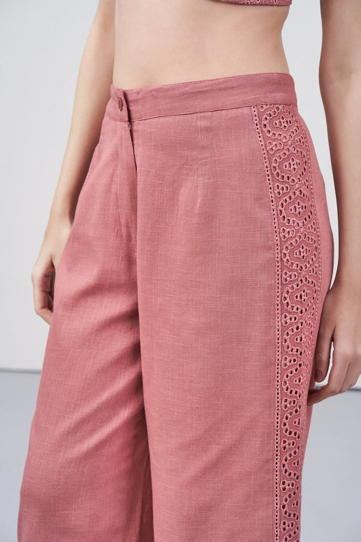 Women Pants 100% Cotton Embroidery Anglaise Cutwork Straight Fit Pink Color Trousers | Cavern Pink Lace Trim Trousers For Women | Women's Pants | Front Side View Lace Trim Trousers