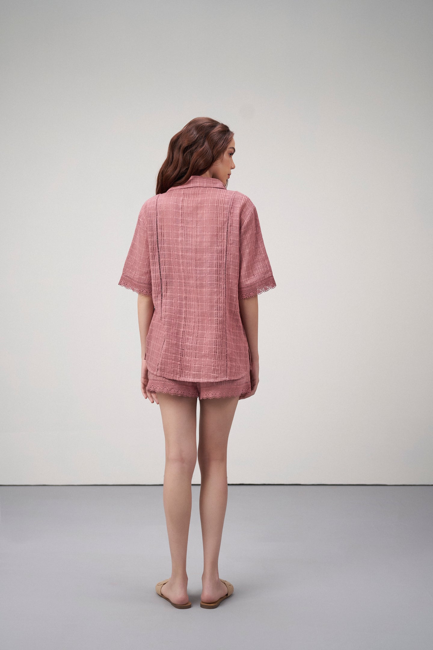 Cotton Pink Embroidered Split Neckline Tie Up String Half Sleeve Shirt For Women Ladies Model Back View | Rosy Brown Cotton Guipure V-neck Top For Women