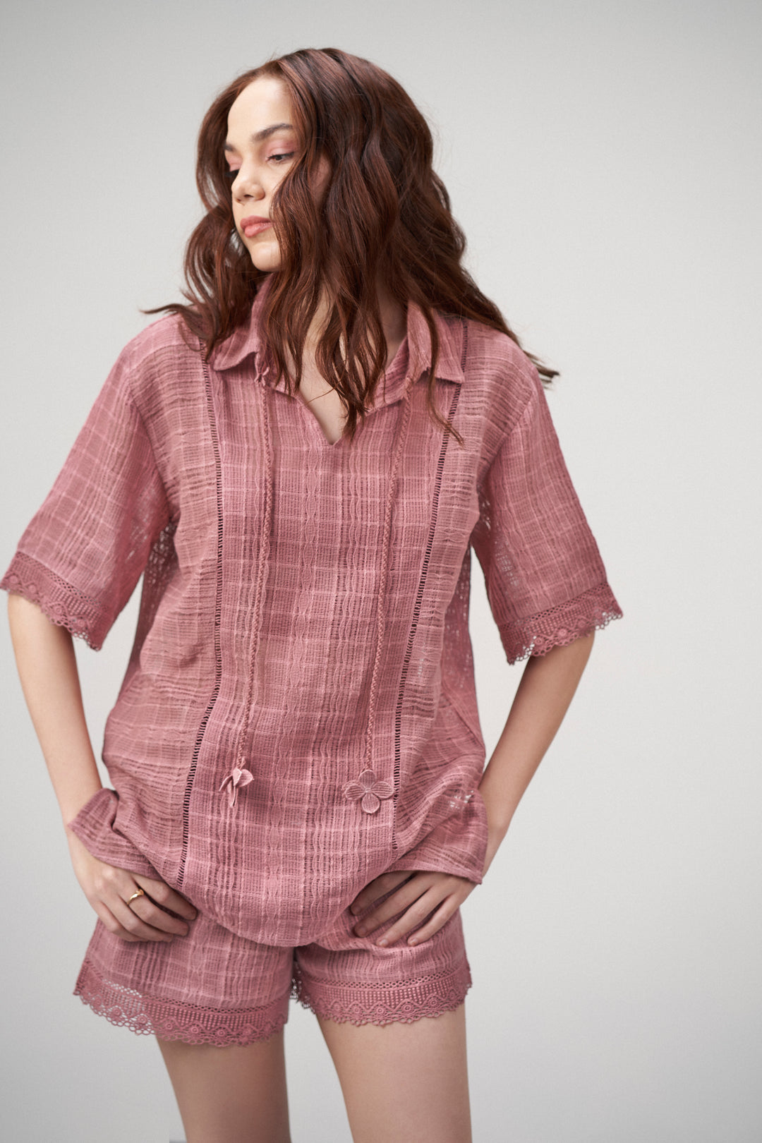 Cotton Pink Embroidered Split Neckline Tie Up String Half Sleeve Shirt For Women Ladies | Rosy Brown Cotton Guipure V-neck Top For Women